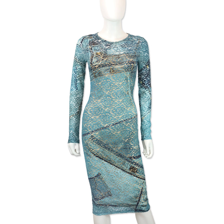 Versace Jeans Couture Bonnie Light Blue Patchwork Denim Printed Laced Midi Dress