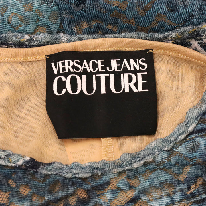 Versace Jeans Couture Bonnie Light Blue Patchwork Denim Printed Laced Midi Dress