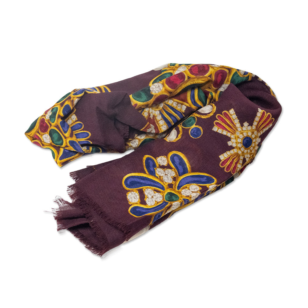 Chanel Maroon Jewel Printed Oversized Scarf with Fringe