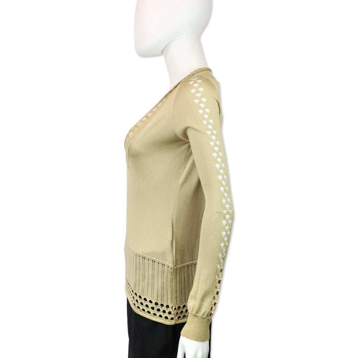 Versace Tan Silk Knit V-Neck Long Sleeve Top