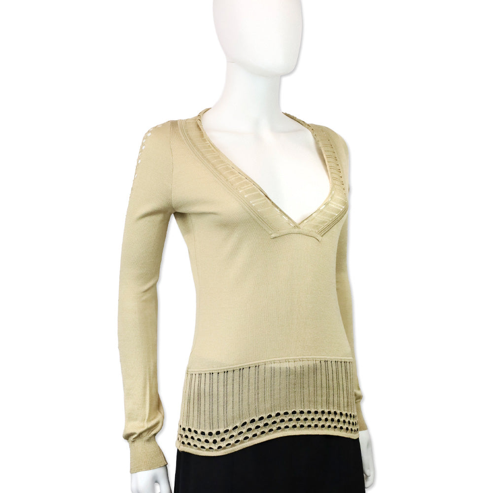 Versace Tan Silk Knit V-Neck Long Sleeve Top
