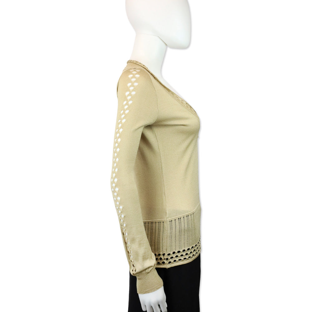 Versace Tan Silk Knit V-Neck Long Sleeve Top