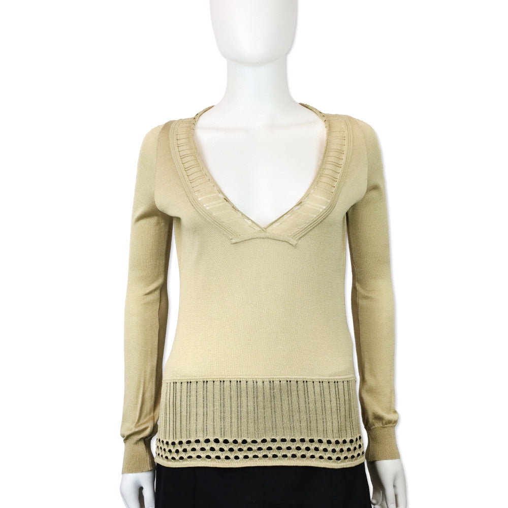Versace Tan Silk Knit V-Neck Long Sleeve Top