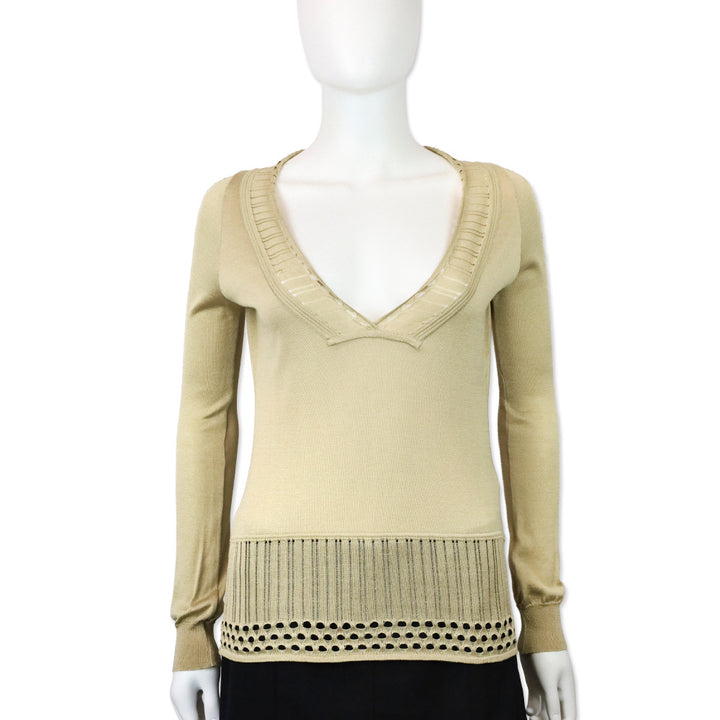 Versace Tan Silk Knit V-Neck Long Sleeve Top