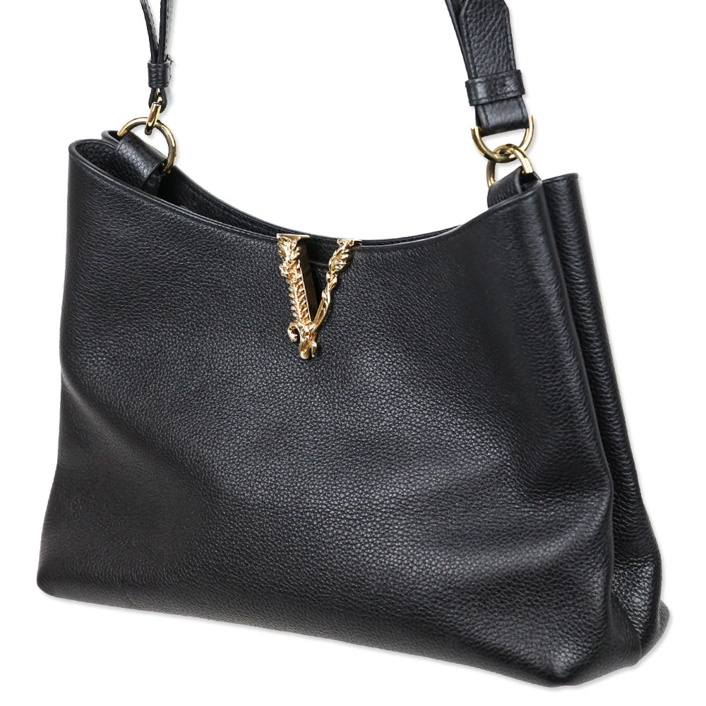 Versace Virtus Small Black Leather Hobo Bag