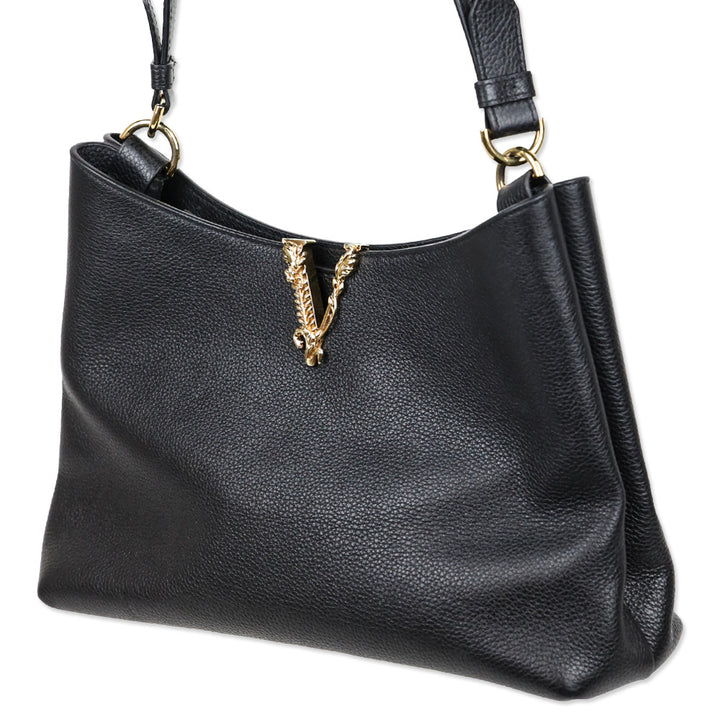 Versace Virtus Small Black Leather Hobo Bag