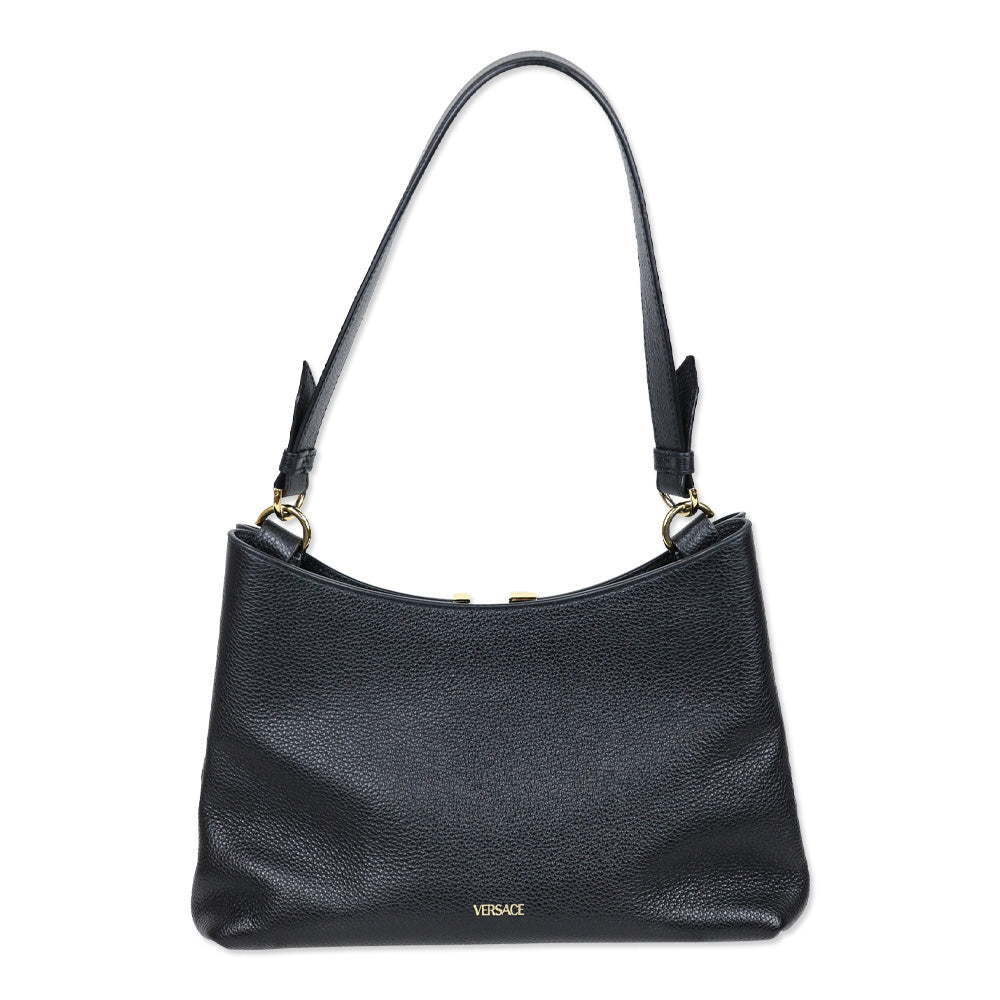 Versace Virtus Small Black Leather Hobo Bag