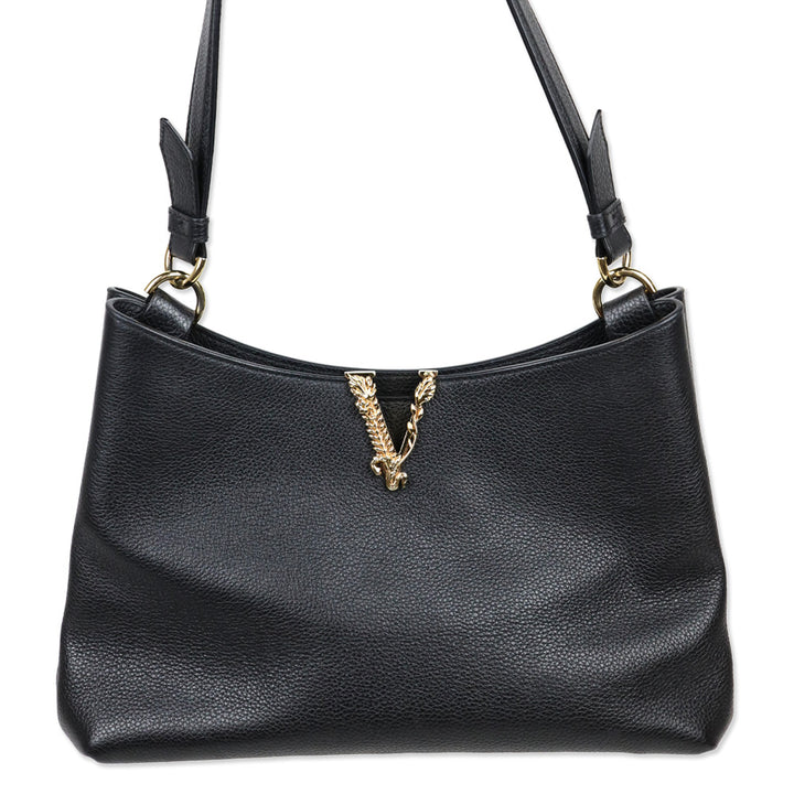 Versace Virtus Small Black Leather Hobo Bag