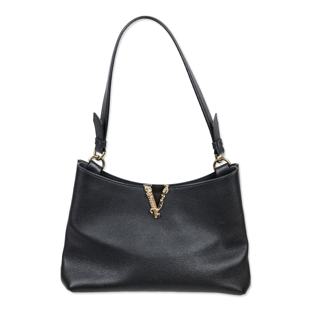Versace Virtus Small Black Leather Hobo Bag
