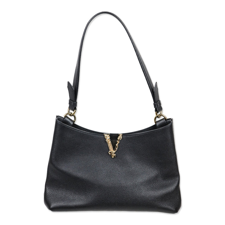 Versace Virtus Small Black Leather Hobo Bag