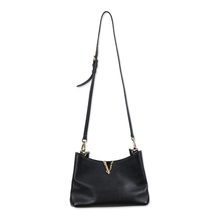 Versace Virtus Small Black Leather Hobo Bag