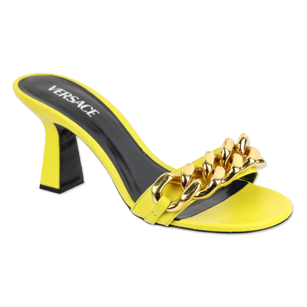 Versace Yellow Leather Chain Mid-Heel Sandals
