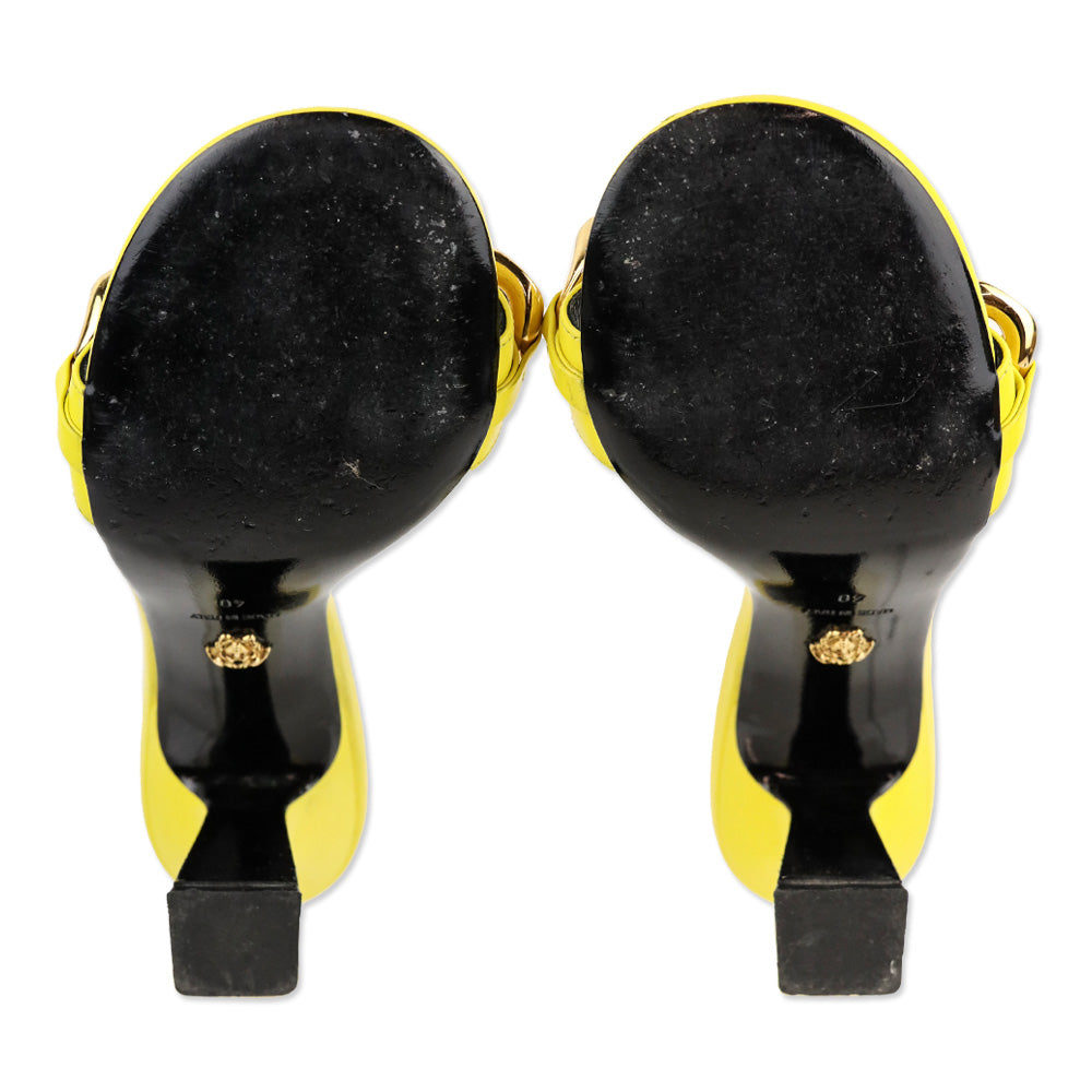 Versace Yellow Leather Chain Mid-Heel Sandals