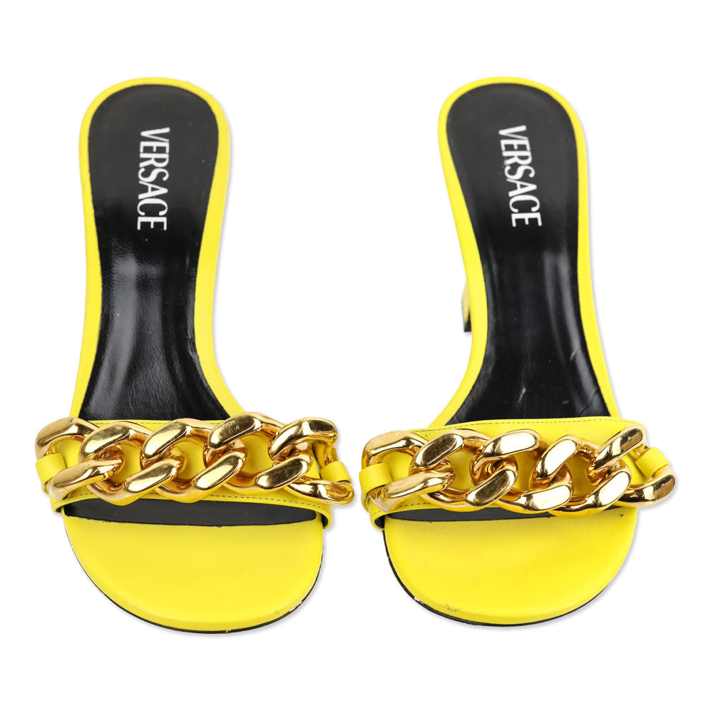 Versace Yellow Leather Chain Mid-Heel Sandals