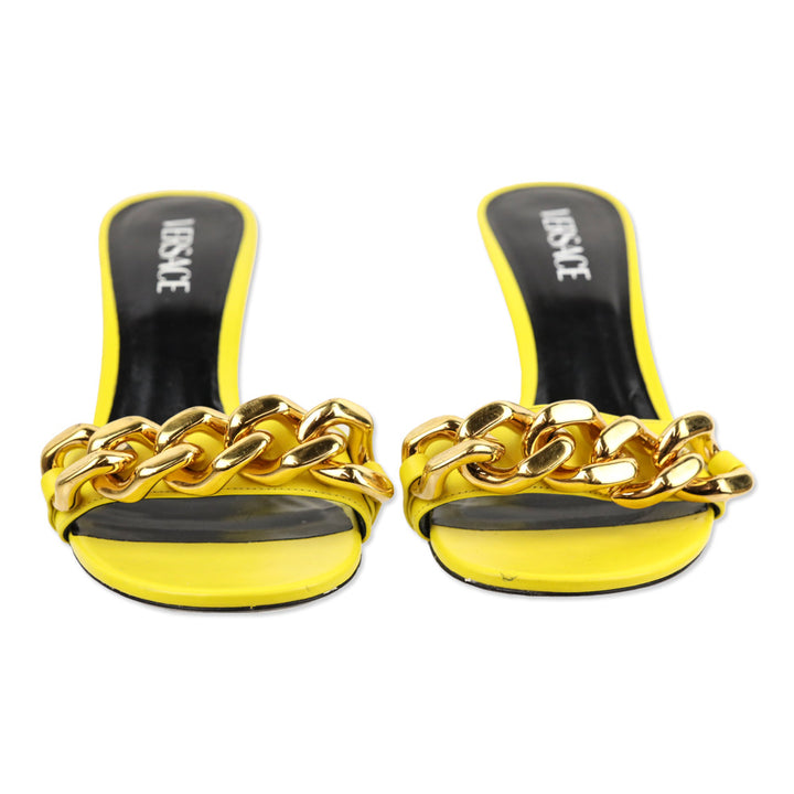 Versace Yellow Leather Chain Mid-Heel Sandals