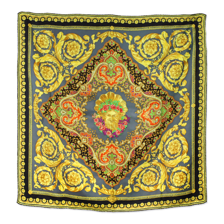 Versace x Atelier Gold Black Bacchus Barocco Foulard Silk Scarf