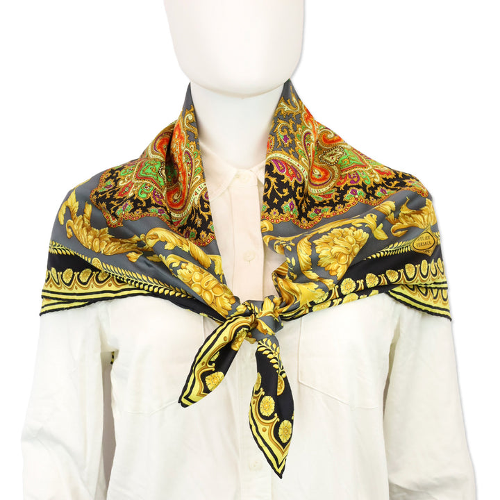 Versace x Atelier Gold Black Bacchus Barocco Foulard Silk Scarf