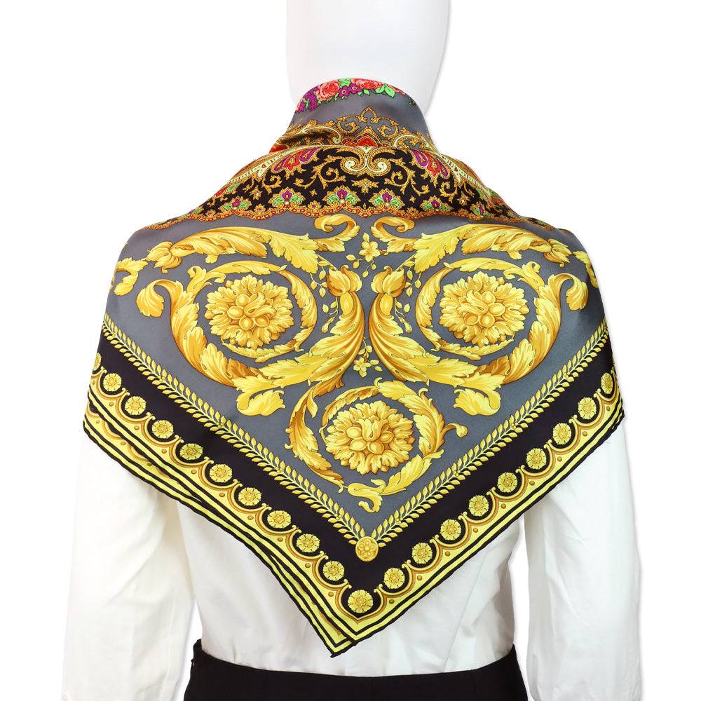 Versace x Atelier Gold Black Bacchus Barocco Foulard Silk Scarf