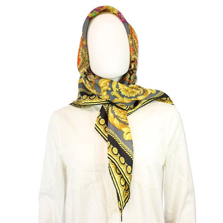 Versace x Atelier Gold Black Bacchus Barocco Foulard Silk Scarf