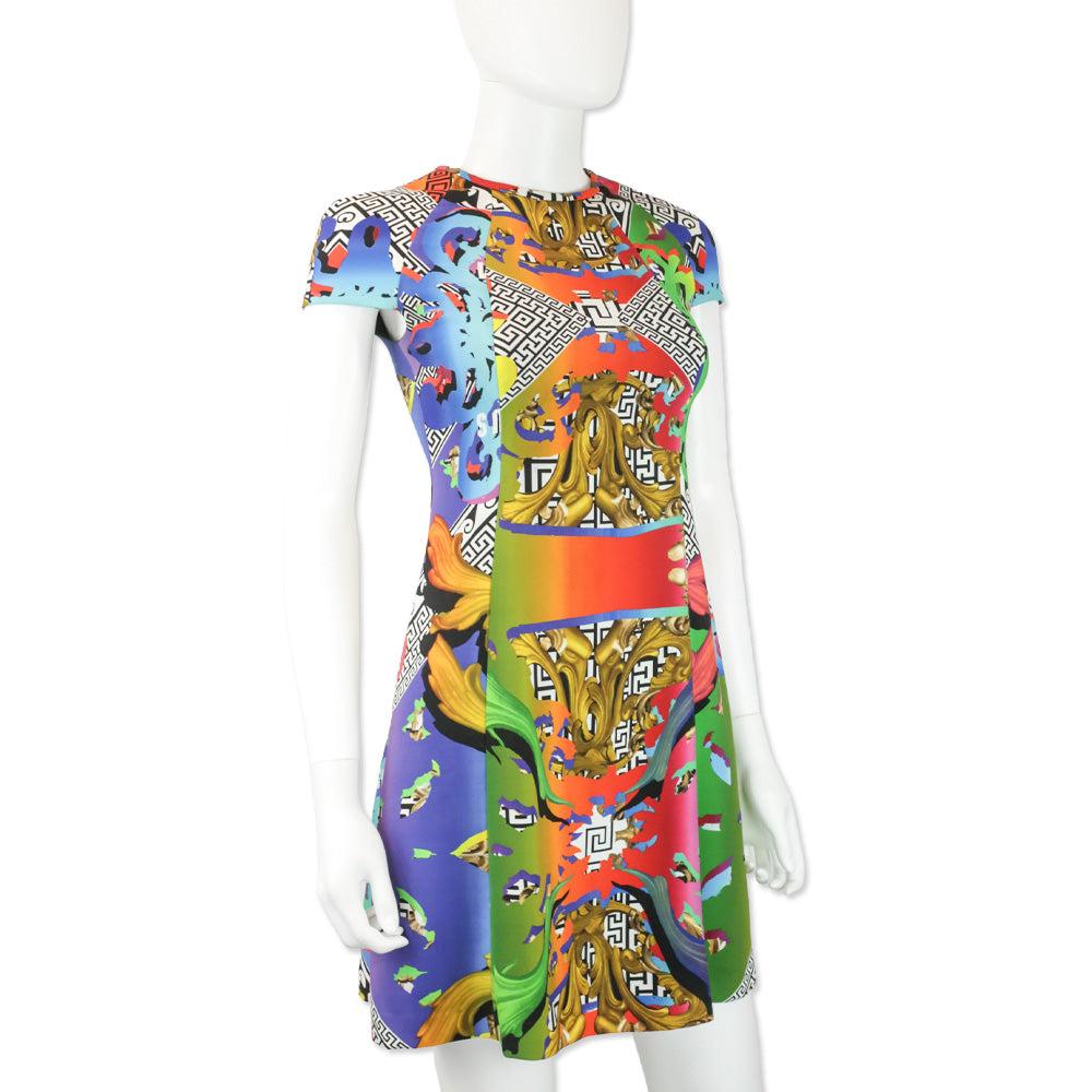 Versus Versace Rainbow Baroque Print Crepe Cap Sleeve Midi Dress
