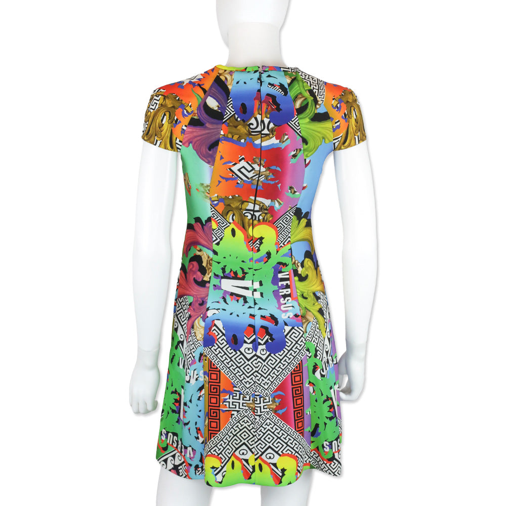 Versus Versace Rainbow Baroque Print Crepe Cap Sleeve Midi Dress
