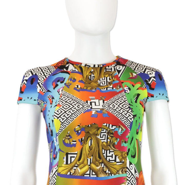 Versus Versace Rainbow Baroque Print Crepe Cap Sleeve Midi Dress