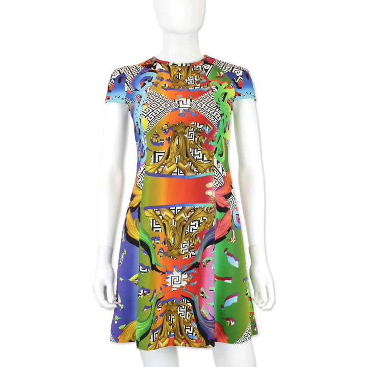Versus Versace Rainbow Baroque Print Crepe Cap Sleeve Midi Dress