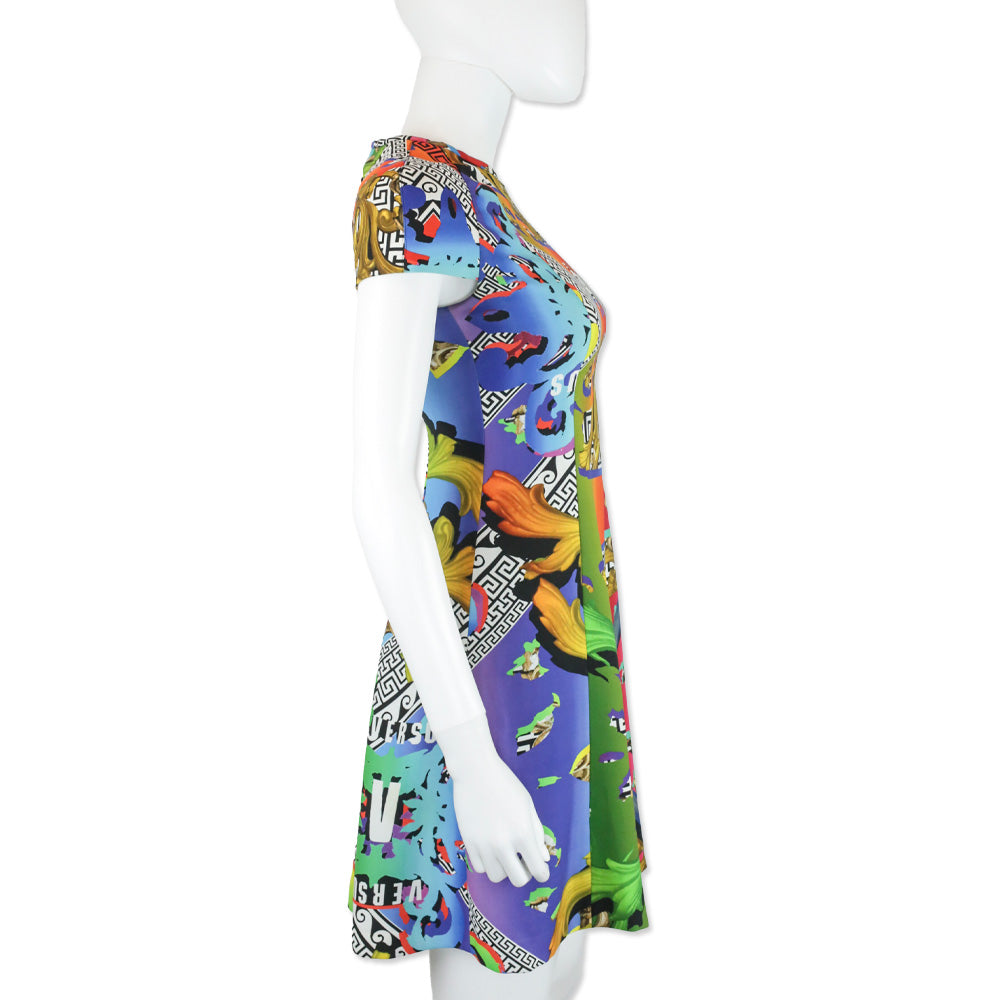 Versus Versace Rainbow Baroque Print Crepe Cap Sleeve Midi Dress