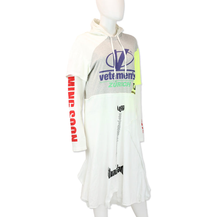 Vetements Grey White Panelled Printed Hoodie Dress