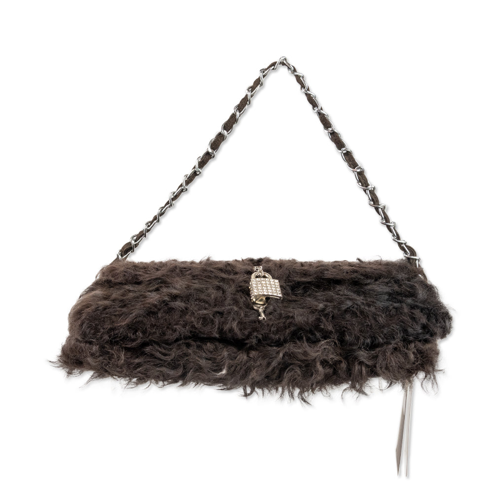 Vieta Brown Lamb Fur Shoulder Bag with Silver Charms