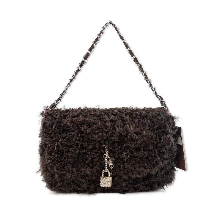 Vieta Brown Lamb Fur Shoulder Bag with Silver Charms