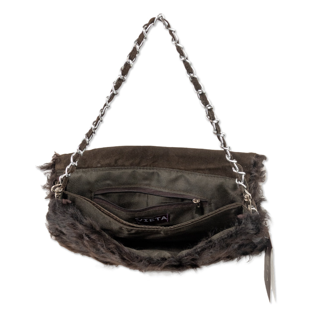 Vieta Brown Lamb Fur Shoulder Bag with Silver Charms