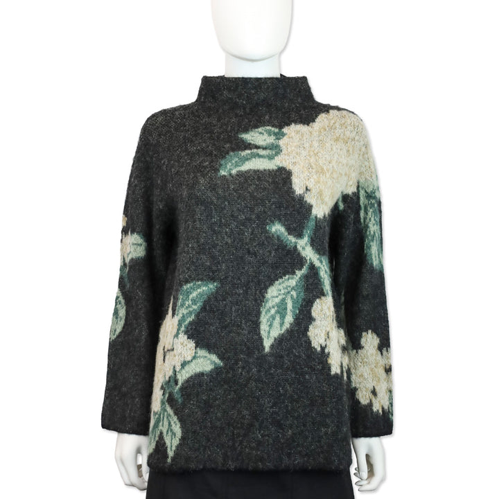 Vince Brushed Dark Gray Floral Alpaca-Wool-Blend Funnel Neck Sweater