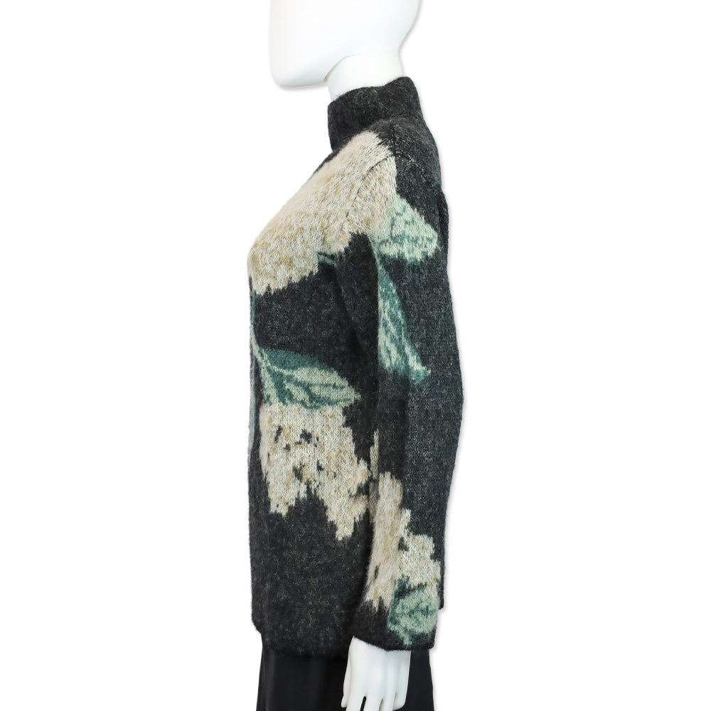 Vince Brushed Dark Gray Floral Alpaca-Wool-Blend Funnel Neck Sweater