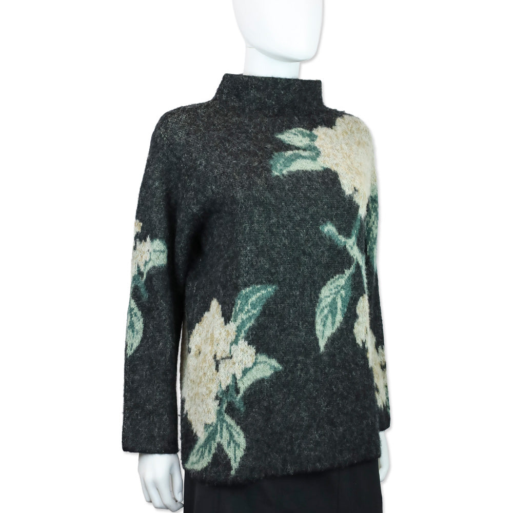 Vince Brushed Dark Gray Floral Alpaca-Wool-Blend Funnel Neck Sweater