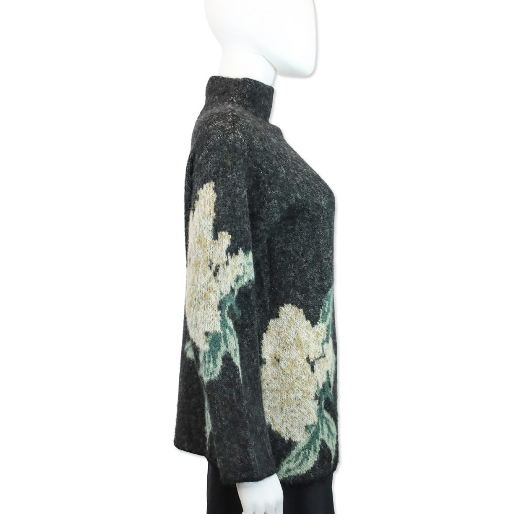 Vince Brushed Dark Gray Floral Alpaca-Wool-Blend Funnel Neck Sweater