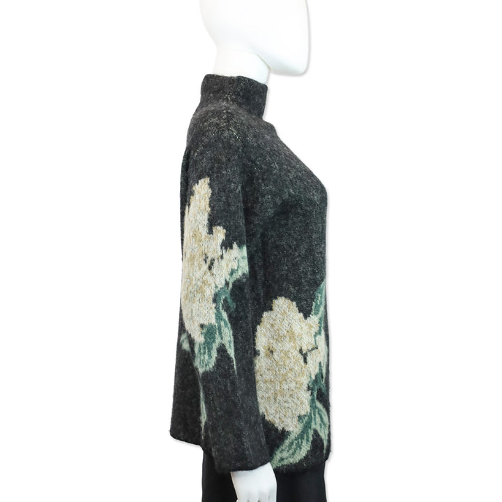 Vince Brushed Dark Gray Floral Alpaca-Wool-Blend Funnel Neck Sweater