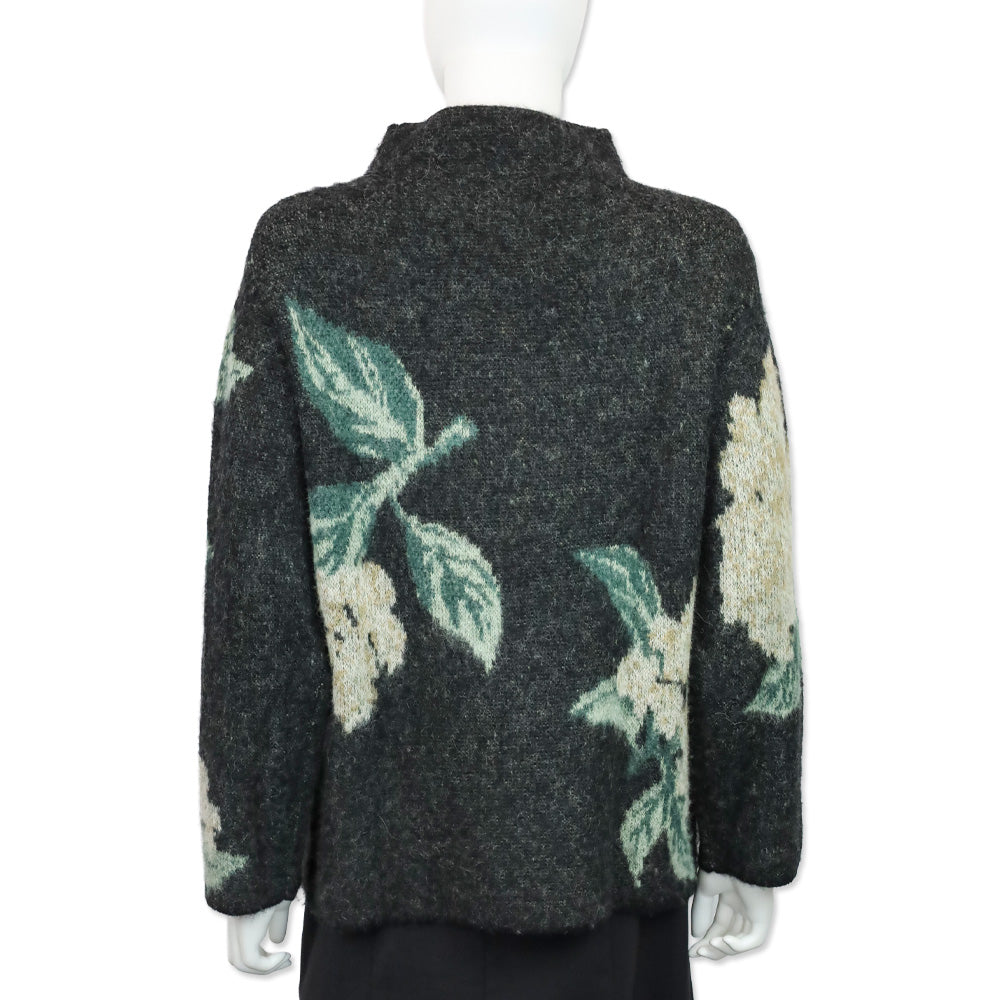 Vince Brushed Dark Gray Floral Alpaca-Wool-Blend Funnel Neck Sweater