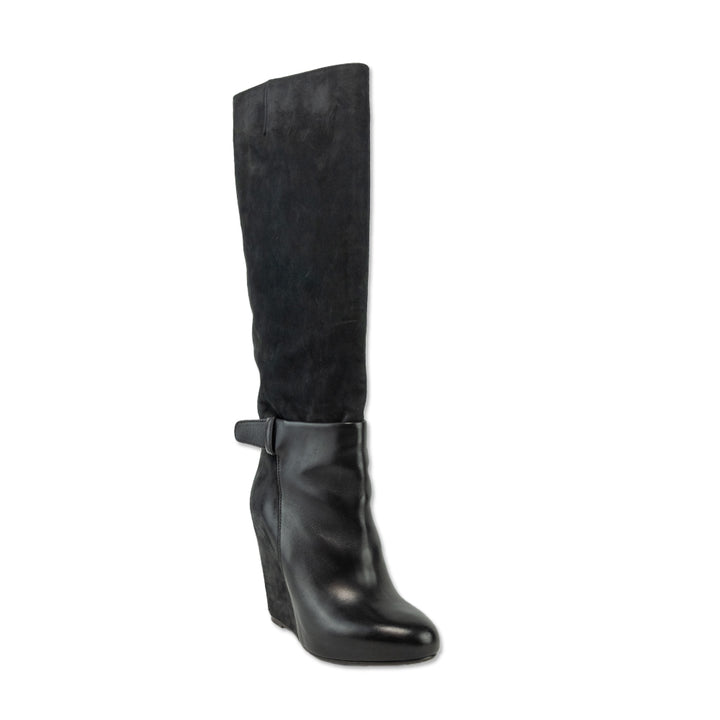 Vince Greta Black Suede Leather Knee-High Wedge Boots