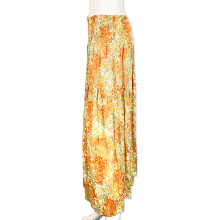 Vince Peach/Orange Floral Garden Print Smocked Waist Midi Skirt