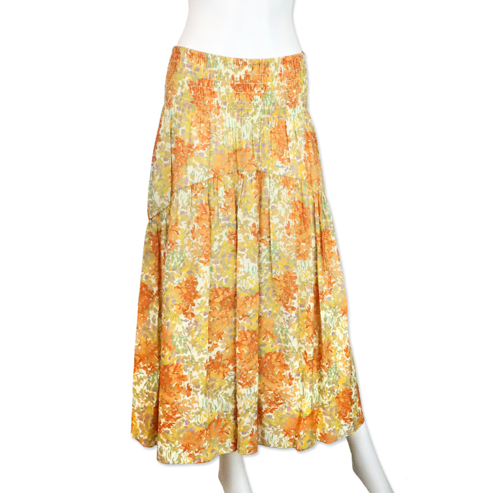 Vince Peach/Orange Floral Garden Print Smocked Waist Midi Skirt