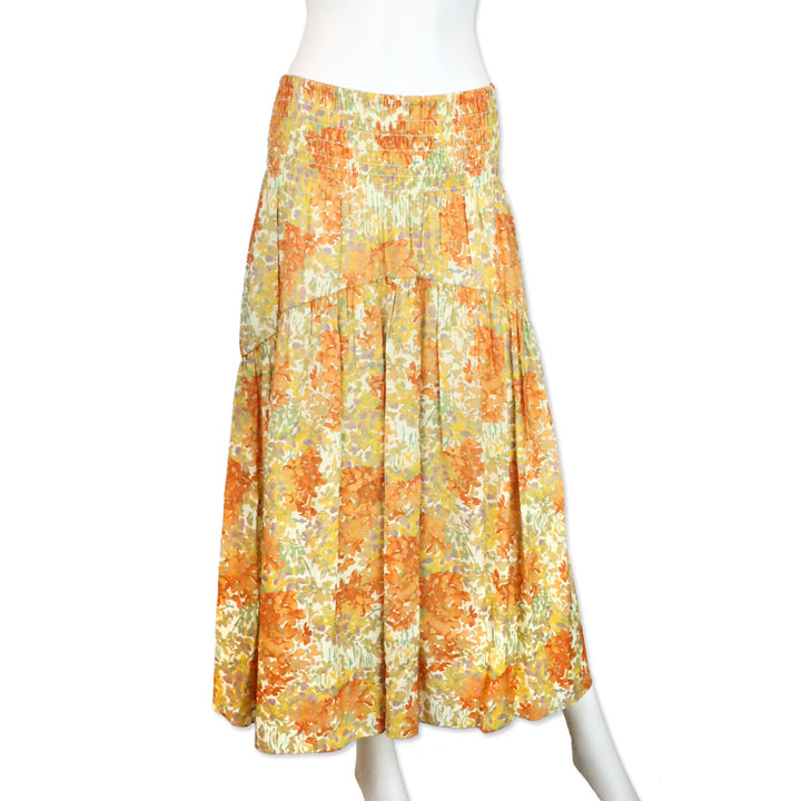 Vince Peach/Orange Floral Garden Print Smocked Waist Midi Skirt