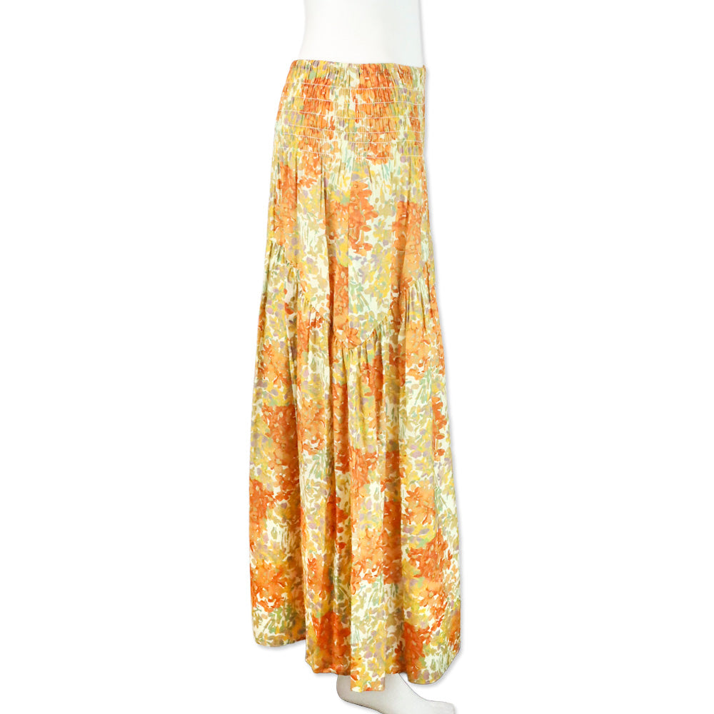 Vince Peach/Orange Floral Garden Print Smocked Waist Midi Skirt