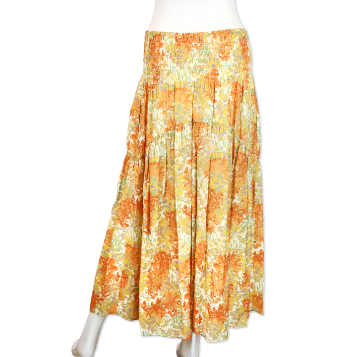 Vince Peach/Orange Floral Garden Print Smocked Waist Midi Skirt