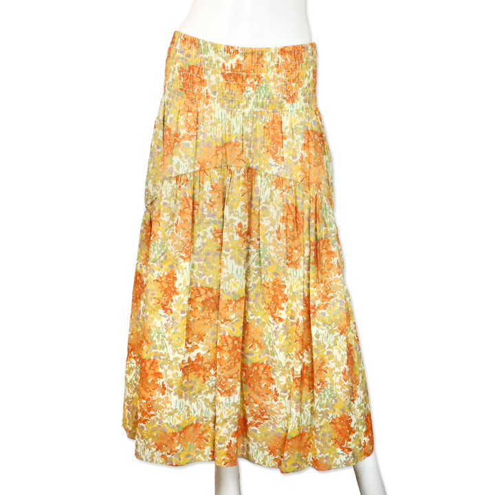 Vince Peach/Orange Floral Garden Print Smocked Waist Midi Skirt
