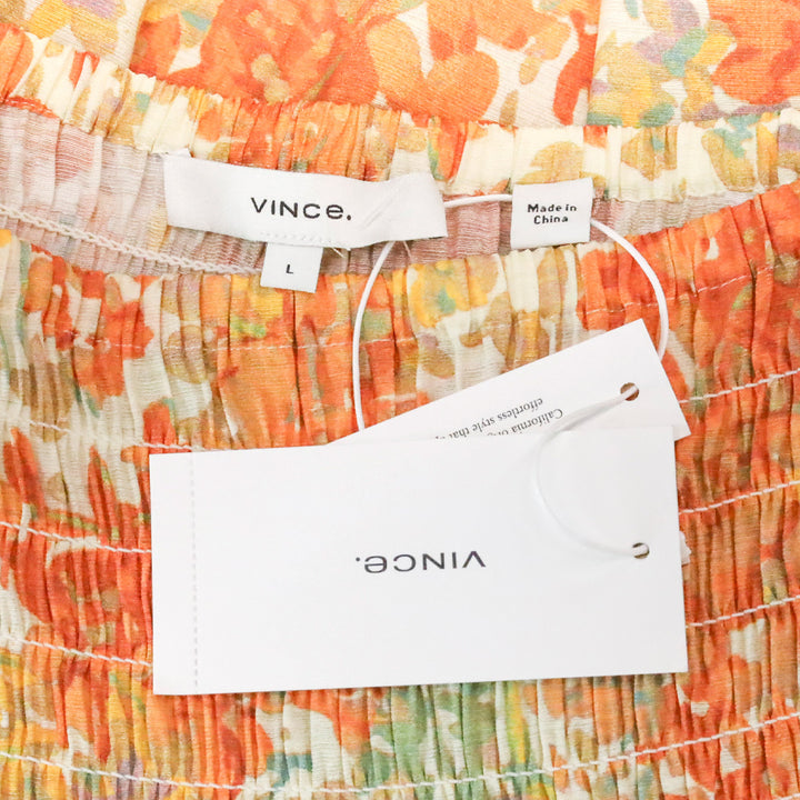 Vince Peach/Orange Floral Garden Print Smocked Waist Midi Skirt