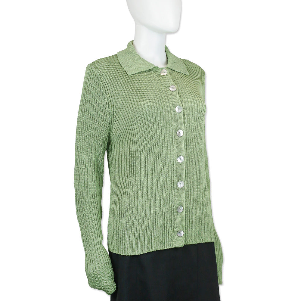 Vince Pistachio Ribbed Knit Collar Cardigan Sweater