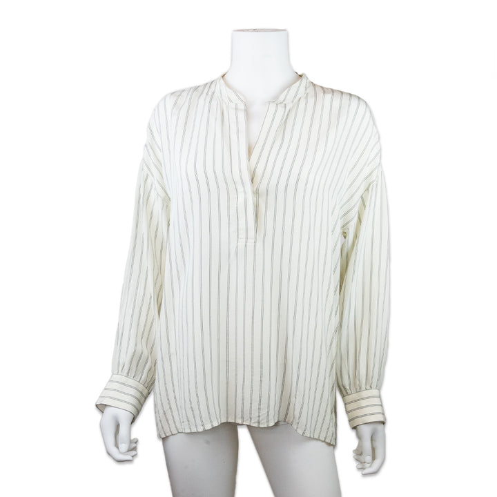 Vince Striped V Neck Long Sleeve Silk Tunic