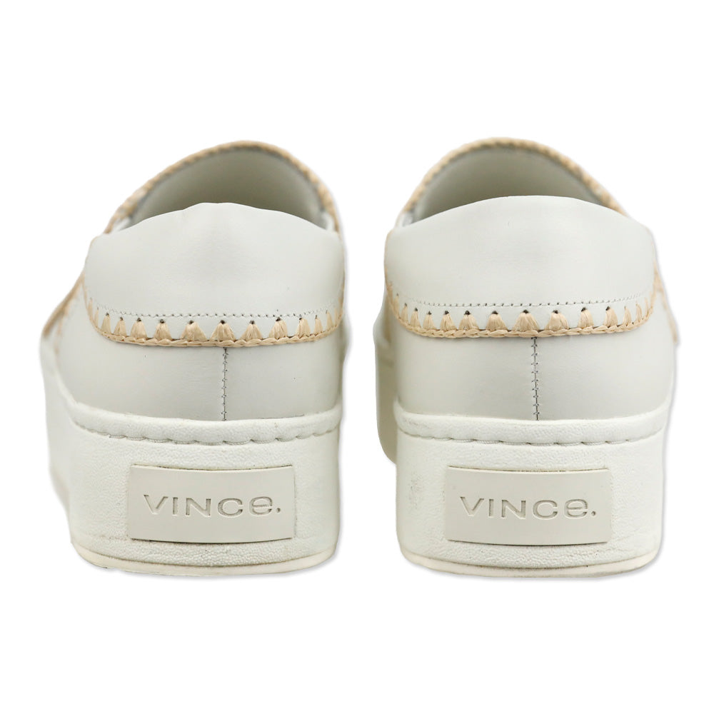 Vince White Foam/Natural Warren Raffia-Trim Leather Sneaker