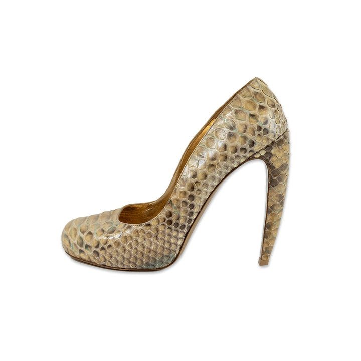 Walter Steiger Round Toe Yellow Snake Skin Pumps